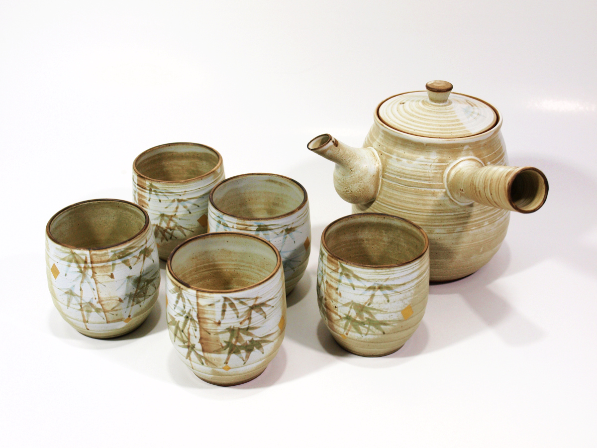 日本茶具套件 京都清水烧 云乐窑 茶壶1件茶杯5客 贴金箔 株式会社